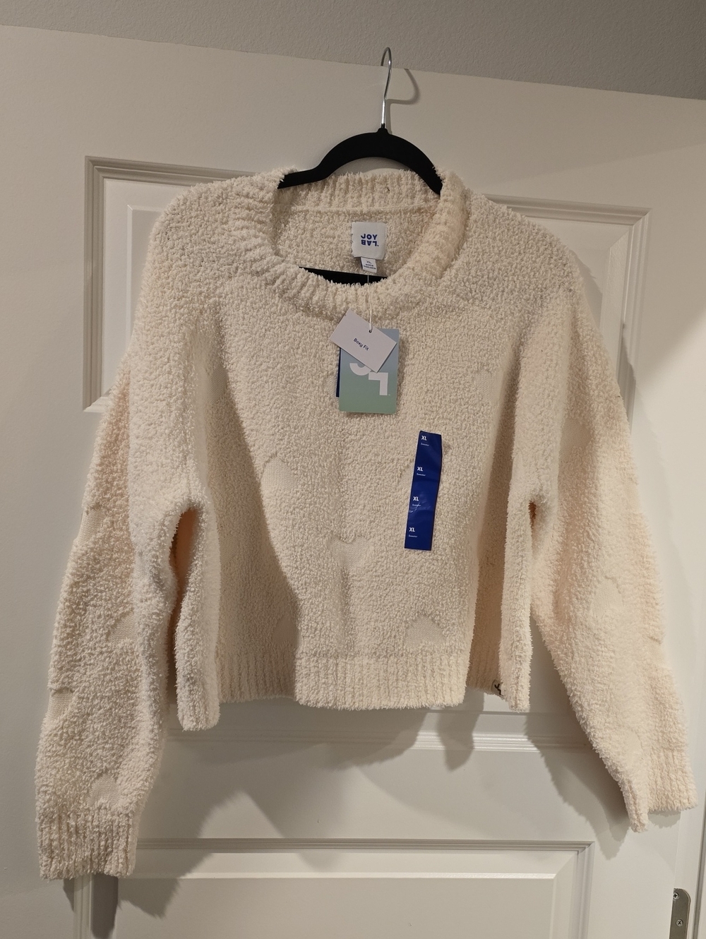 JoyLab Ivory Fuzzy Crewneck Sweater with Star Knit Detail
